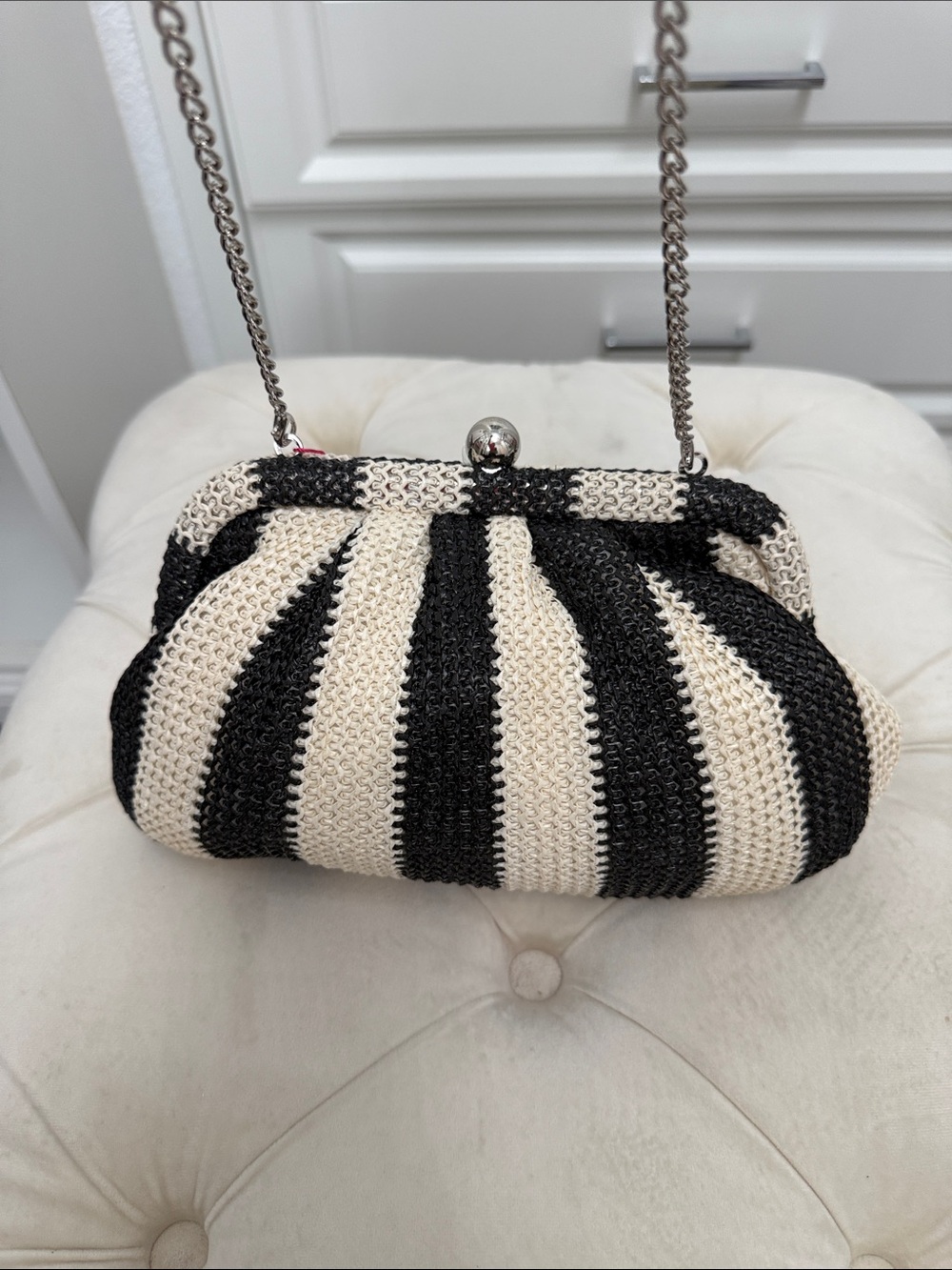 Isaac Mizrahi Black & Cream Striped Knit Clutch with Chain